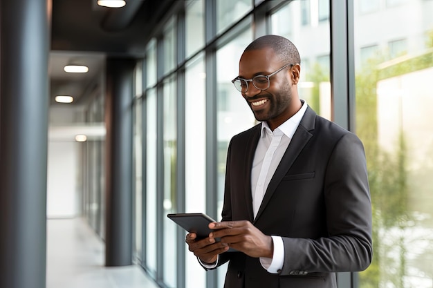 Lachende Afro-Amerikaanse zakenman ceo draagt pak en staat op kantoor met behulp van digitale tablet. Hij verheugt zich over het goede nieuws van de beurs