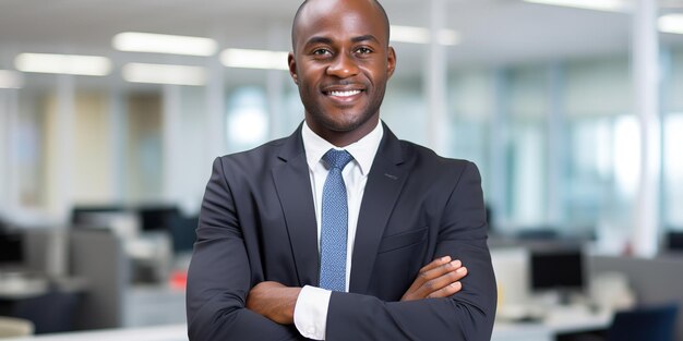 Lachende Afro-Amerikaanse zakenman staande in kantoor met gekruiste armen