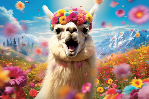 Foto lachende alpaca in een kleurrijke weide op de achtergrond van een bloemenveld