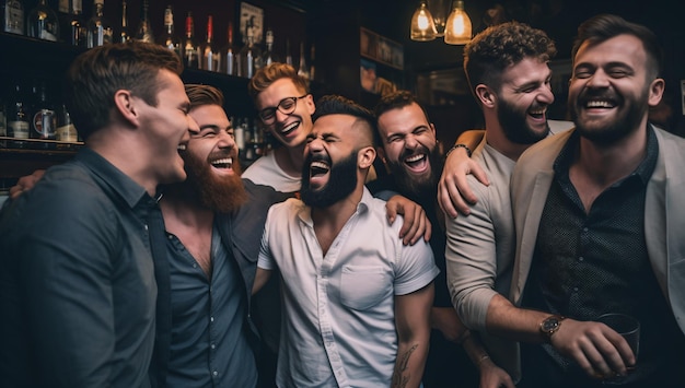 Lachende baardige mannen in een bar.