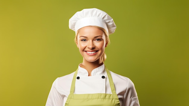 Lachende blonde vrouwelijke chef-kok geïsoleerd op groene achtergrond Banner kopie ruimte