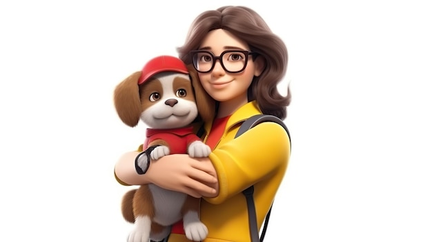 Lachende brunette meisje met puppy hondje 3D render stijl AI gegenereerd