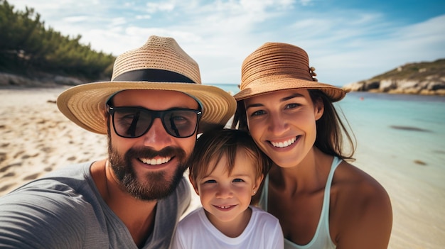 Lachende familie met hoeden op het strand Familievakantie aan de Ionische kust