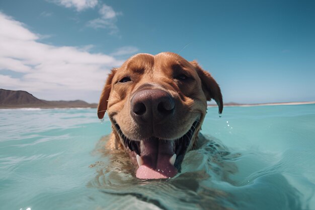 Lachende hond in helder water Gelukkig zwemmende hond Generatieve AI
