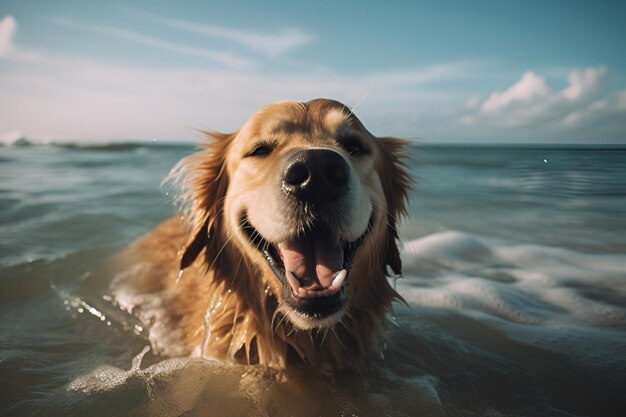 Lachende hond in helder water Gelukkig zwemmende hond Generatieve AI