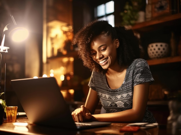 lachende jonge afrikaanse vrouw die thuis op een laptop aan tafel werkt