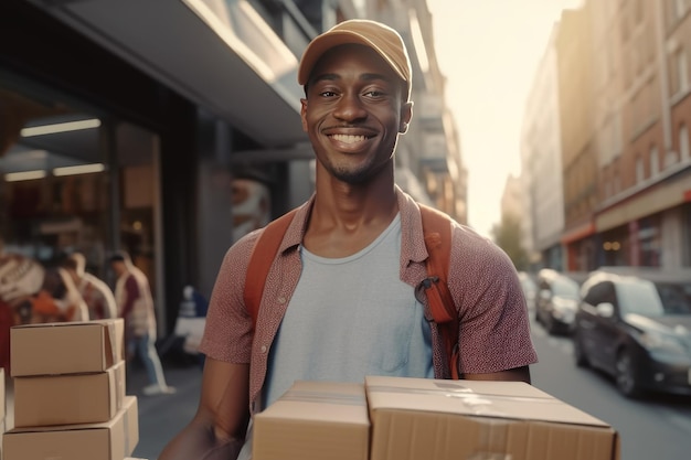 Lachende jonge Afro-Amerikaanse man met een pet en een rugzak met een ambachtelijke doos in zijn handen Koeriersdienst thuisbezorging Generatieve AI