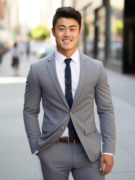 Lachende jonge man van Aziatische afkomst gekleed in pak op grijze achtergrond