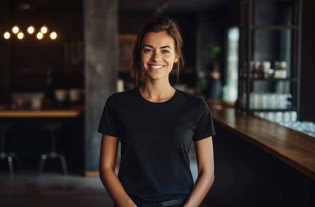 Lachende jonge vrouw in een zwarte t-shirt