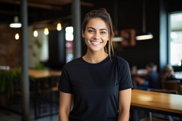 Lachende jonge vrouw in een zwarte t-shirt