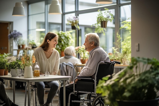 Lachende jonge vrouw in rolstoel praten met senior man in café