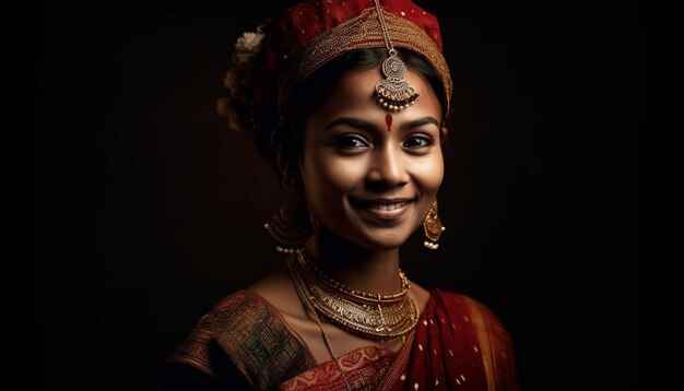 Lachende jonge vrouw in traditionele Indiase sari gegenereerd door AI