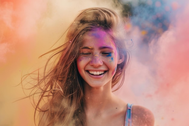 Lachende jonge vrouw met droog kleurpoeder Holi explodeert om haar heen