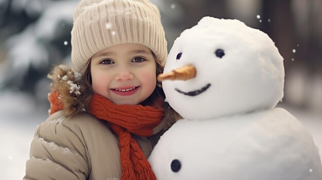 Lachende jonge vrouw met sneeuwpop op witte Kerstmis in de wintersneeuw