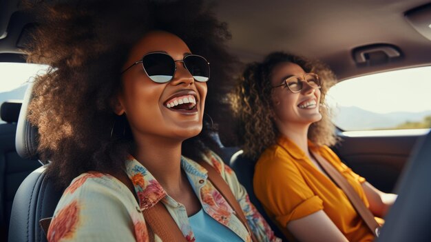 Lachende jonge vrouw met zonnebril die een auto bestuurt met haar vriendin Gemaakt met generatieve AI-technologie