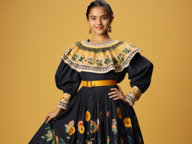 Lachende jonge vrouw van Mexicaanse afkomst, gekleed in elegante jurk op grijze achtergrond