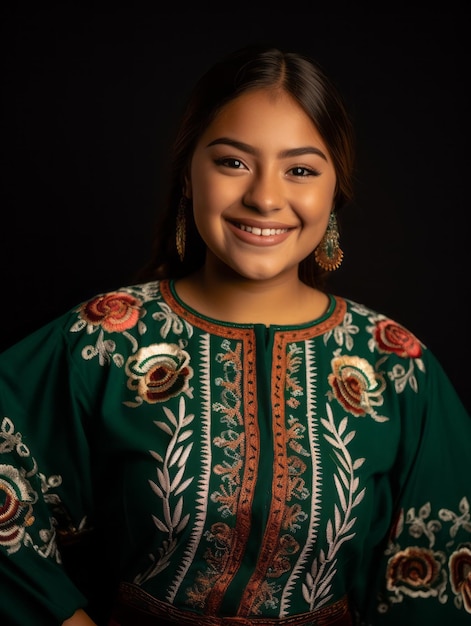 Lachende jonge vrouw van Mexicaanse afkomst, gekleed in elegante jurk op grijze achtergrond