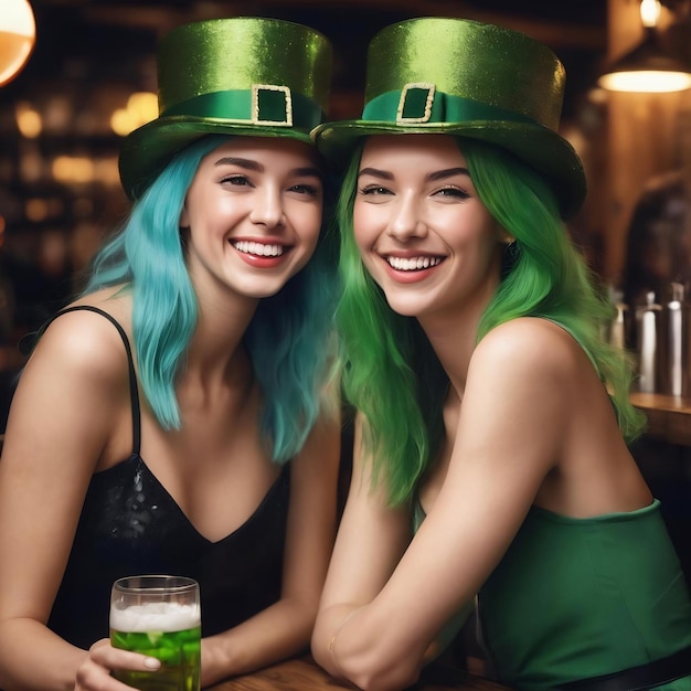 Lachende jonge vrouwen in Saint Patrick's hoeden die elkaar knuffelen en glazen drinken bij de bar.