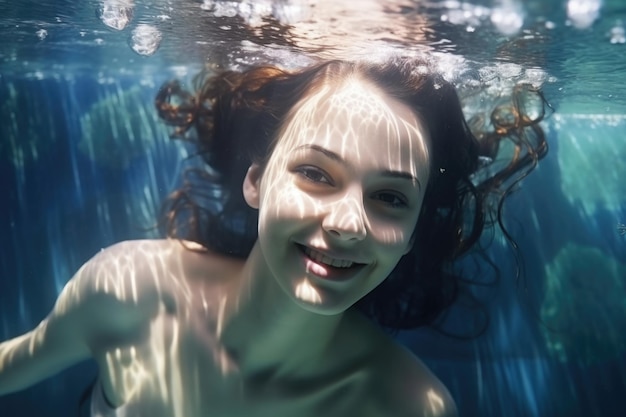 Foto lachende jonge zakenvrouw onderwater zwemmen
