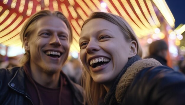 Foto lachende jongvolwassenen genieten van een zorgeloze winterviering verlicht met vreugde gegenereerd door ai