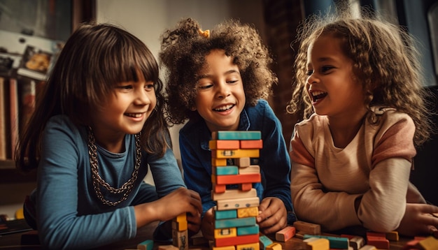 Lachende kinderen die samen spelen, leren en hechten aan AI