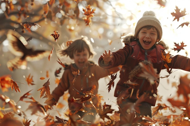 Foto lachende kinderen spelen in de herfstbladeren.