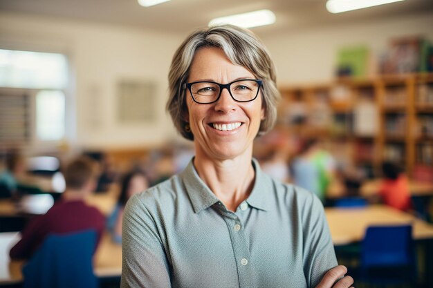 Lachende leraar in de basisschool klas portret generatieve AI