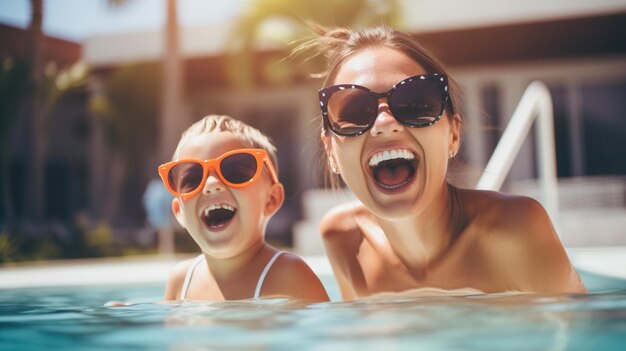 Foto lachende moeder en dochter met zonnebril die plezier hebben in het zwembad tijdens de zomervakantie