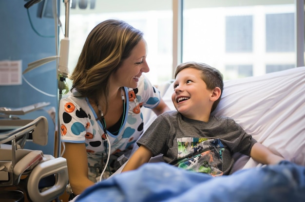 Lachende moeder en zoon in het ziekenhuis Moeder en zoon vieren het goede resultaat van de medische gezondheidszorgbehandeling