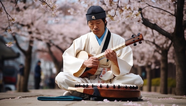 Foto lachende muzikant die buiten gitaar speelt onder een boom gegenereerd door ai