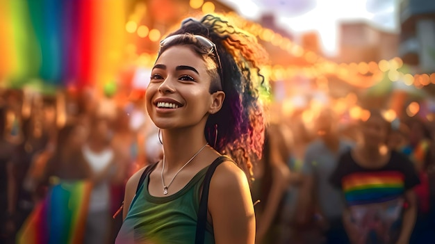 Lachende persoon op de achtergrond van de LGBT-parade