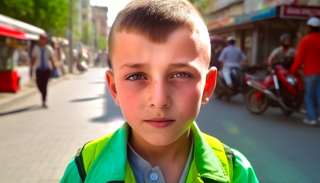 Lachende schooljongen die naar de camera kijkt en geniet van zomerse natuuractiviteiten gegenereerd door AI