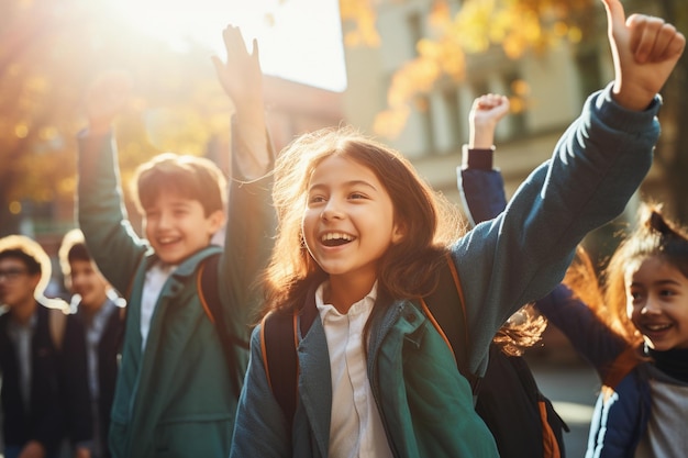 lachende schoolkinderen vrolijk trekt handen omhoog in licht modern helder schoolklas concept ai