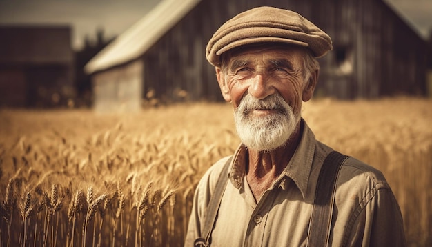 Lachende senior boer in het oogsten van strohoeden gegenereerd door AI
