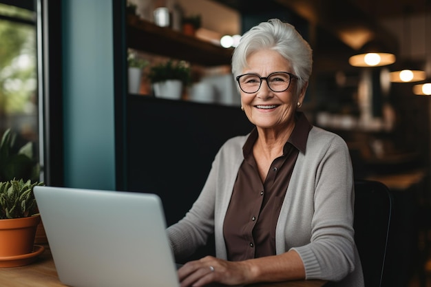 Lachende senior vrouw met laptop werken op kantoor aan huis