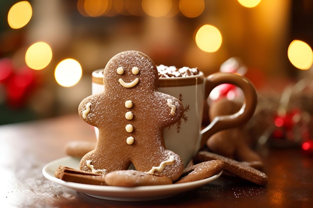 Lachende speculaaspop staat naast een mok warme chocolademelk bokeh op de achtergrond gegenereerd door AI