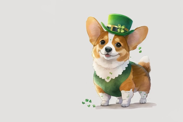 Lachende St. Patrick's Pommeren puppy in een groene kabouter hoed op witte achtergrond Aquarel cartoon Generative AI