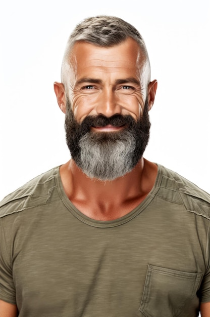 Lachende sterke oudere man met baard portret geïsoleerd op wit