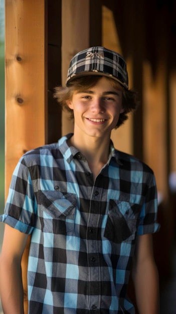 Lachende tiener in geruit overhemd en hoed op houten veranda gegenereerd door AI