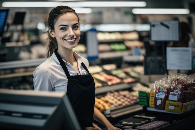 Lachende vrouw die een kassier in een supermarkt bedient, tevreden werknemer AI gegenereerd