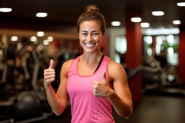 Lachende vrouw fitness en duimen omhoog voor gezondheidstraining en training van actieve wellness, gezonde levensstijl