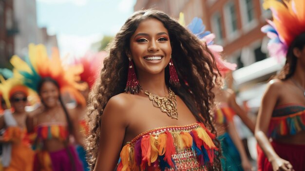 Lachende vrouw, gekleed in kleurrijke outfit Hispanic Heritage Month