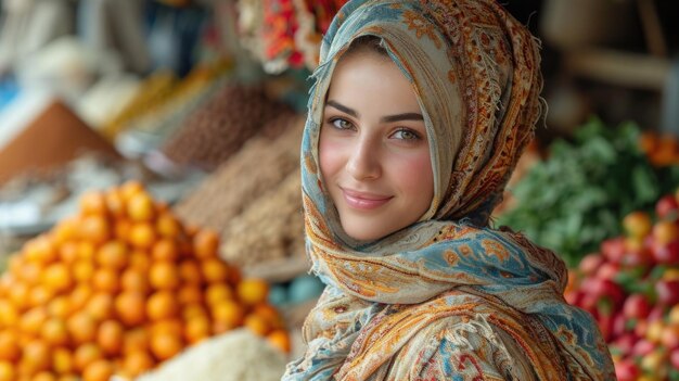 Lachende vrouw in levendige hijab op de Noroez-markt