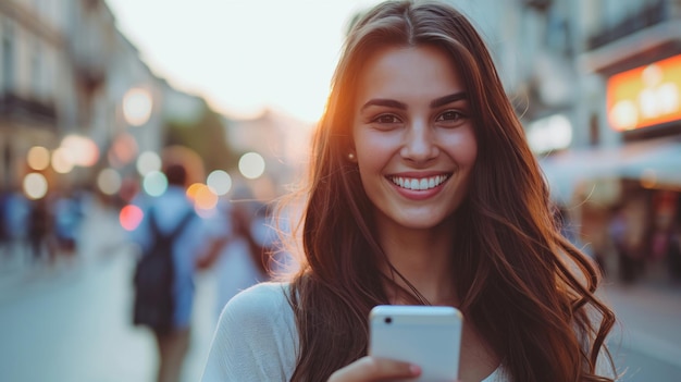 Lachende vrouw kijken naar mobiele telefoon