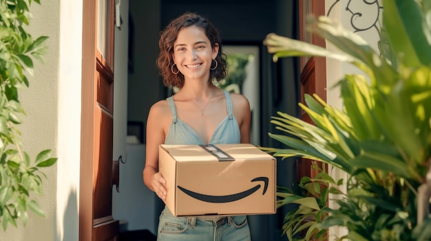 Lachende vrouw met Amazon Prime kartonnen pakketdoos ontbreekt vrijdag