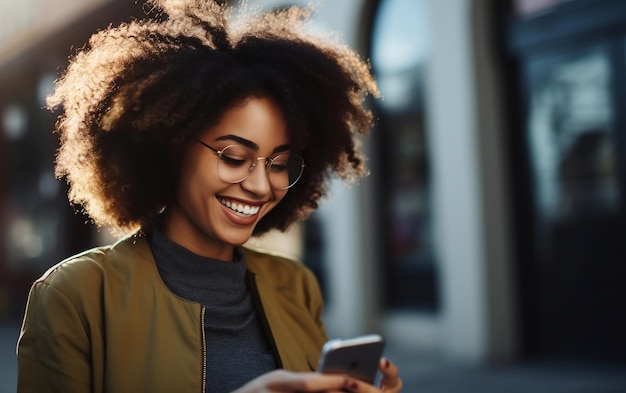 Lachende vrouw met behulp van mobiel apparaat voor online betaling Generatieve AI