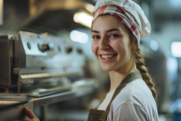 Foto lachende vrouw met chef-kokshoed in de keuken