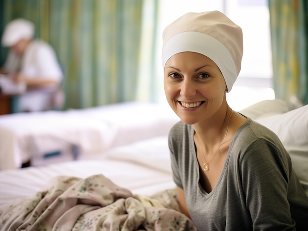 Foto lachende vrouw met chemohoed zittend op rolstoel kankerpatiënt dag van kanker