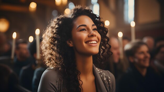 lachende vrouw met krullend haar en een grijze jas in een kerk Generatieve AI