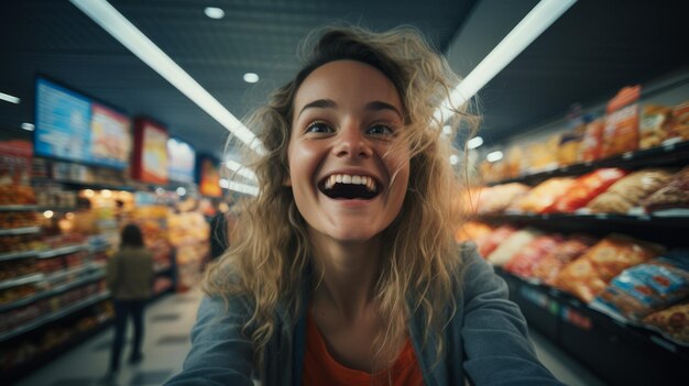 Lachende vrouw met krullend haar in de supermarkt.